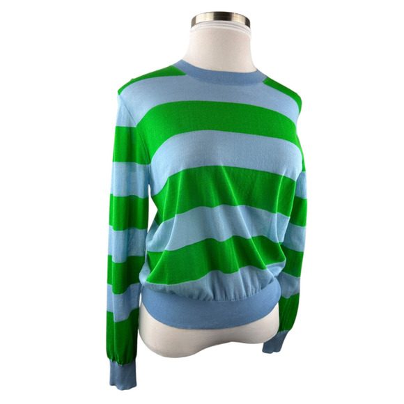 Diane Von Furstenberg Blue & Green Striped Top LS Mesh Sheer Stretch Medium - Picture 13 of 13